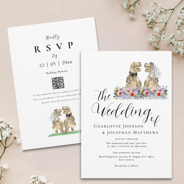 Convites Boho Wildflower Theme Weding (Boho wildflower dinosaur wedding invitation with elegant script watercolor florals and qr code)