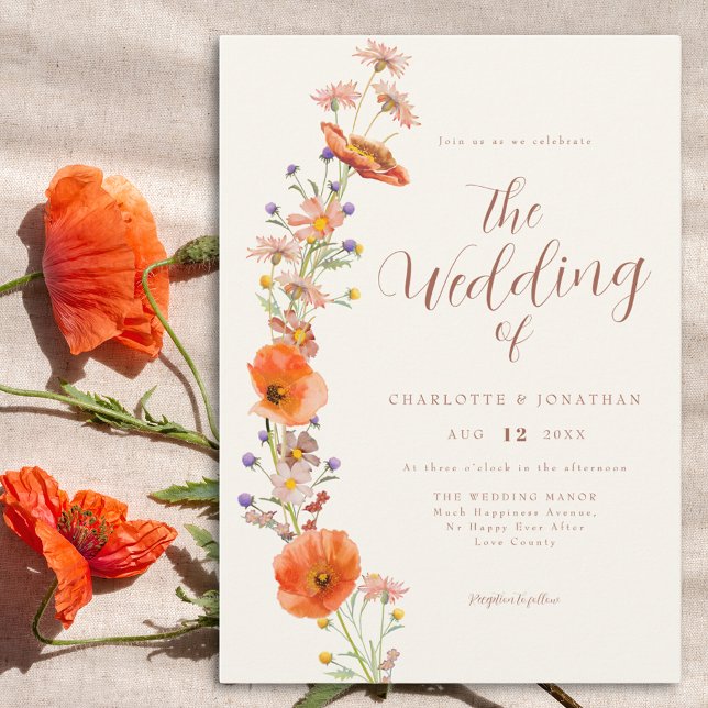 Convites Boho Wildflower Wedding (Elegant watercolor floral orange wedding invitation)