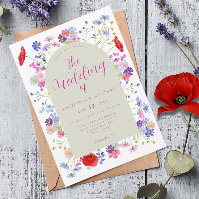 Convites Boho Wildflower Wedding (Colorful wildflower boho chic pink script wedding invitation )