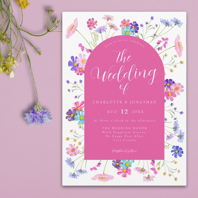 Convites Boho Wildflower Wedding (Colorful wildflower elegant hot pink summer wedding invitation )