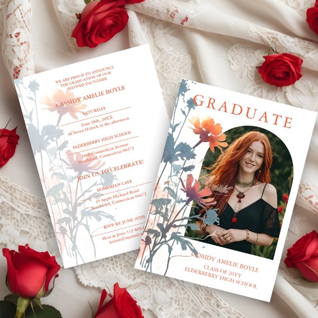 Convites Boho Wildflowers Bunch Photo Modern Arch Photo (Boho Wildflowers Bunch Photo Modern Arch Frame Graduate Invitation Card. )
