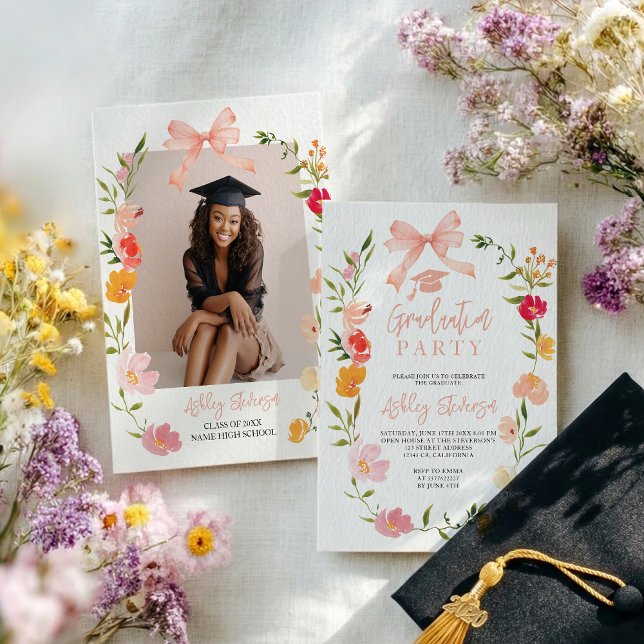 Convites Boho Wildflowers Coquette Bow photo graduation (Boho Wildflowers Coquette Bow photo graduation Invitation)
