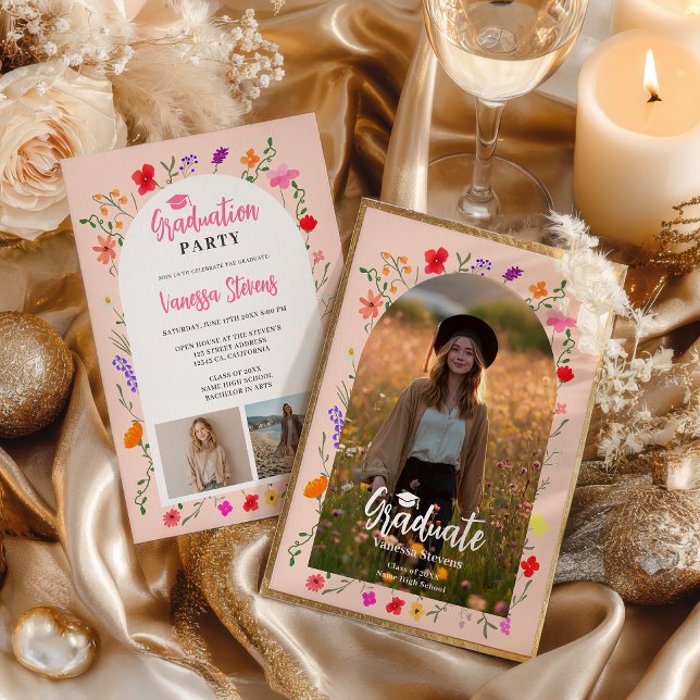 Convites Boho wildflowers Pink Garden photos graduation (Boho wildflowers Pink Garden photos graduation Invitation)