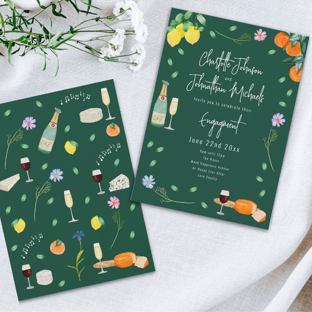 Convites Boho Wine e Festa de noivado de queijo (Boho chic wine and cheese watercolor floral Wedding engagement party dark green invitation )