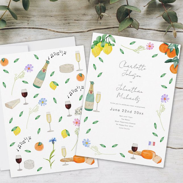 Convites Boho Wine e Festa de noivado de queijo (Boho floral wine and cheese citrus engagement party invitation whimsical watercolor illustration )