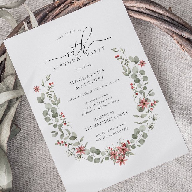 Convites Boho Winter Greenery Red Floral 18º Aniversário (Criador carregado)