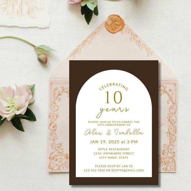Convites Boho wood e Dourada 10ª Festa de Aniversário de Ca (Modern wood brown and gold minimal elegant 50 years vow renewal wedding anniversary party invitation)