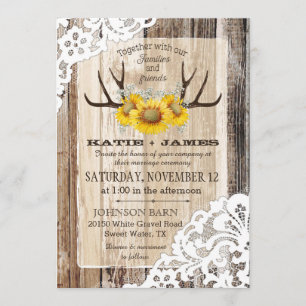 Convites Boho Wood Sunflower Antlers Lace Rustic Wedes