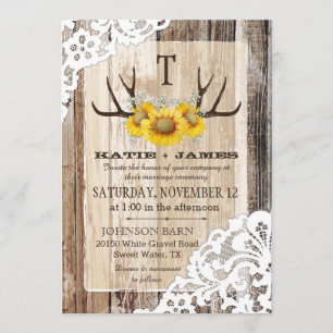Convites Boho Wood Sunflower Antlers Lace Rustic Wedes