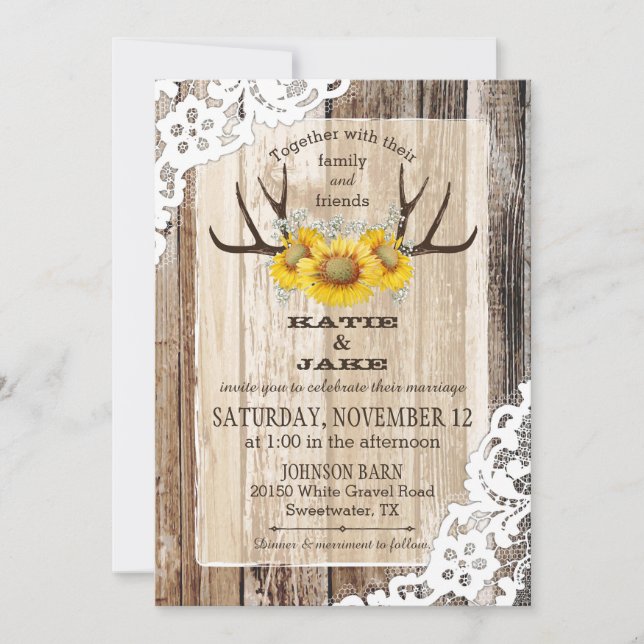 Convites Boho Wood Sunflower Antlers Rustic Wedding (Frente)