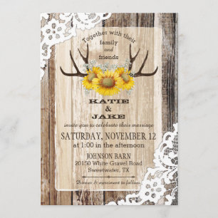 Convites Boho Wood Sunflower Antlers Rustic Wedding