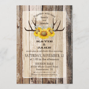 Convites Boho Wood Sunflower Antlers Rustic Wedding