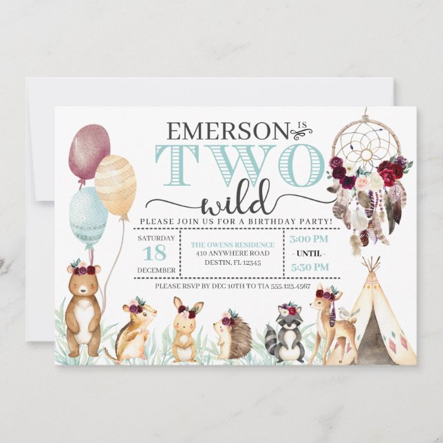 Convites Boho Woodland, 2.º Aniversário Selvagem (Frente)