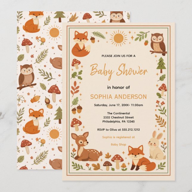 Convites Boho Woodland Baby Shower | Rustic Forest Animals (Frente/Verso)