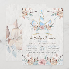 Convites BOHO Woodland Floral Unicorn Chá de fraldas Azul