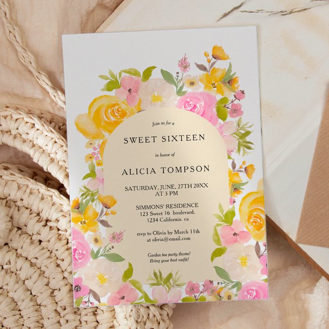 Convites Boho Yellow Croal Arch Chic Sweet 16 (Boho Yellow pink floral arch chic Sweet 16 Invitation)