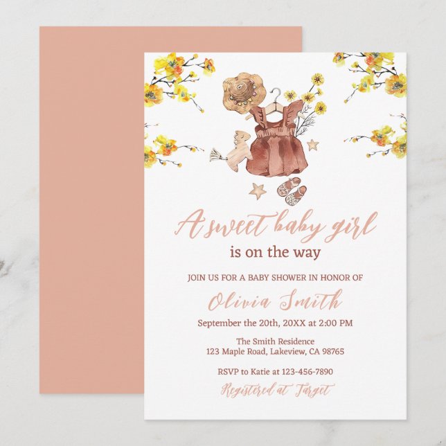 Convites Boho Yellow Flowers Clothes Sweet Girl Chá de fral (Frente/Verso)