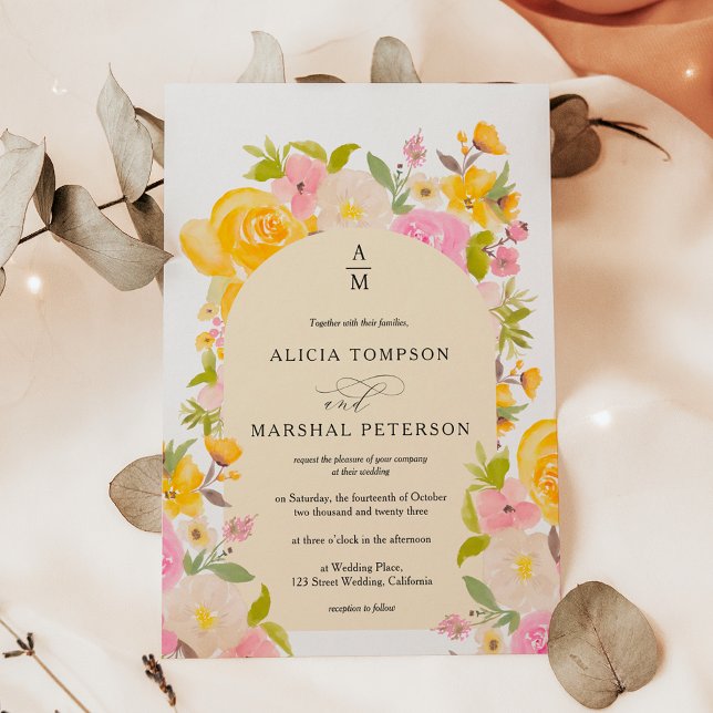 Convites Boho Yellow Pink Arch Chic Casado (Boho Yellow pink floral arch chic wedding Invitation)