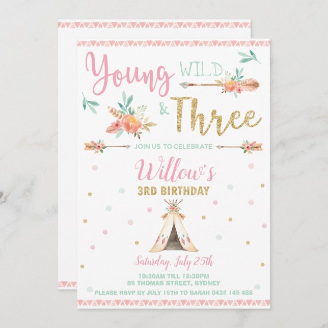Convites Boho Young Wild e Três aniversário de 3 anos (Frente/Verso)