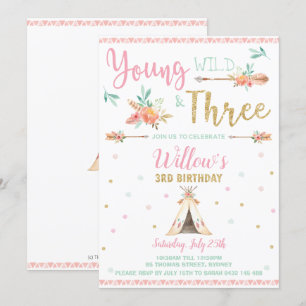 Convites Boho Young Wild e Três aniversário de 3 anos