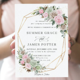 Convites BohoChic Marrom-rosa Sage Casamento Floral Dourado
