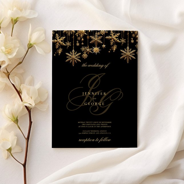 Convites Boias de monograma de ouro preto Flocos de neve Ca (Black gold monogram initials snowflakes Wedding )
