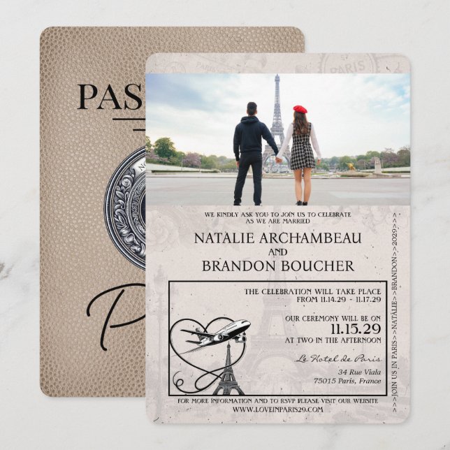 Convites Boige Paris Passport Wedding (Frente/Verso)
