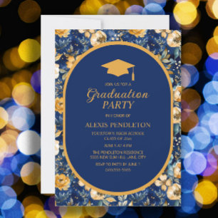Convites Boina de Formatura Azul Marinho com Floral Dourado