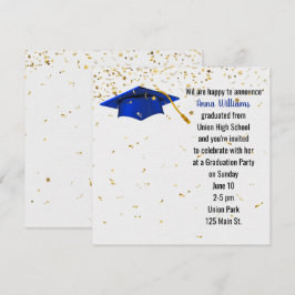 Convites Boina de graduação azul com confete dourado