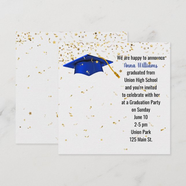 Convites Boina de graduação azul com confete dourado (Frente/Verso)