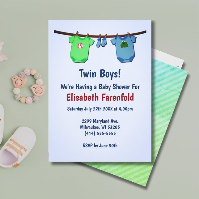 Convites Boinas gêmeas Fechar linha Chá de fraldas azul e v (Twin Boys Close Line Blue & Green Baby Shower Invitation)