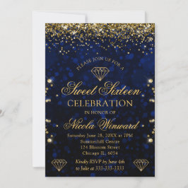 Convites Bokeh Azul Escuro & Brilho Dourado Sweet 16