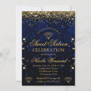 Convites Bokeh Azul Escuro & Brilho Dourado Sweet 16