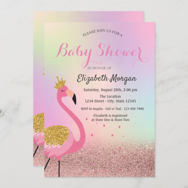 Convites Bokeh,Chá de fraldas Holográfico Rosa Flamingo (Frente/Verso)