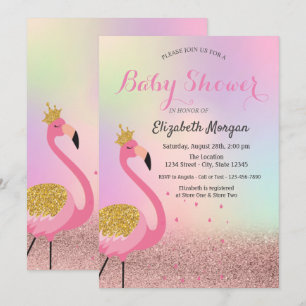 Convites Bokeh, Chuveiro de Bebê Holográfico Flamingo Rosa