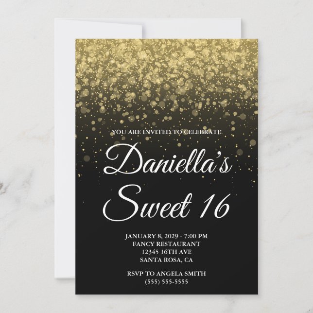 Convites Bokeh de Confetes Preto e Dourado Sweet 16 (Frente)