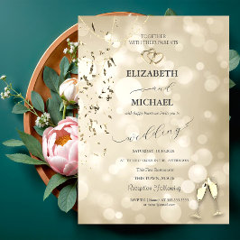 Convites Bokeh Elegante, Taças de Vinho Confetes Casamento