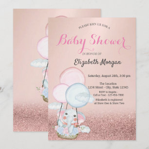 Convites Bokeh em Rose Gold, Elefante em Balão de Ar Churra