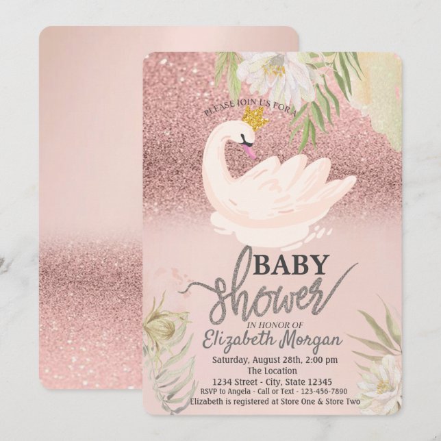 Convites Bokeh em Rose Gold, Flores Boho Cisne Baby Shower  (Frente/Verso)
