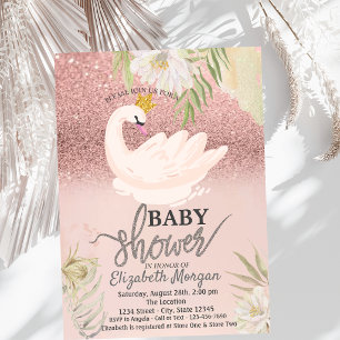 Convites Bokeh em Rose Gold, Flores Boho Cisne Baby Shower