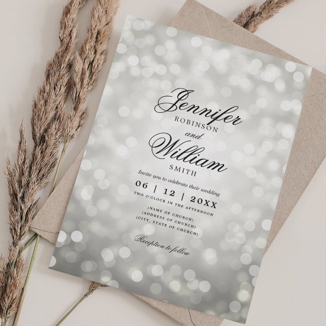 Convites Bokeh Ilumina Prata Romântica (Elegant Wedding Bokeh Lights Romantic Silver Invitation)