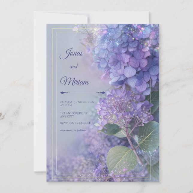 Convites Bokeh Lavender Hydrangea Ethereal Gold Frame (Frente)