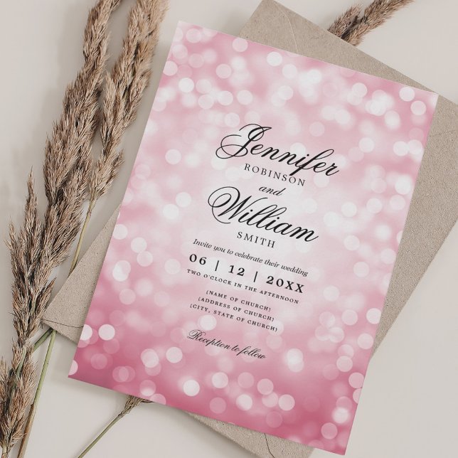 Convites Bokeh Luzes românticas De Casamento Elegante Rosa (Elegant Wedding Bokeh Lights Romantic Blush Pink Invitation)