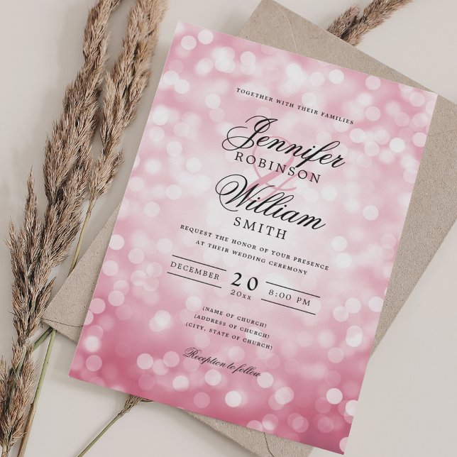 Convites Bokeh Luzes românticas De Casamento Elegante Rosa (Elegant Wedding Bokeh Lights Romantic Blush Pink Invitation)