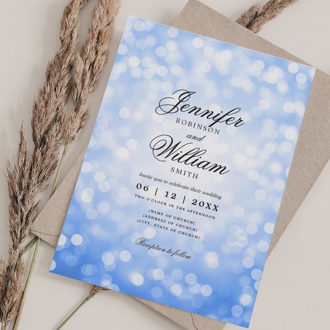 Convites Bokeh Luzes românticas Marinho azul (Elegant Wedding Bokeh Lights Romantic Navy Blue Invitation)