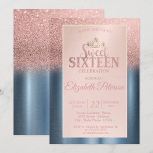 Convites Bokeh Ombre Dourado Rosa, Festa Sweet 16 Azul Tiar