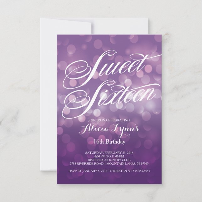 Convites Bokeh roxo na moda ilumina o partido do doce (Frente)