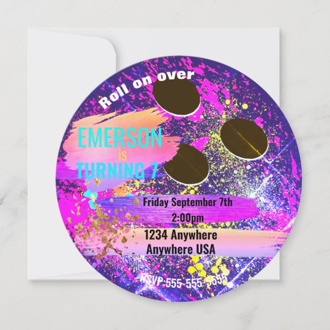 Convites BOLA DE BOLICHE neon, boliche, festa de aniversári (Frente)