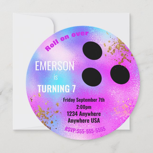 Convites BOLA DE BOLICHE roxa, boliche, festa de aniversári (Frente)