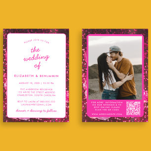 Convites Bola de Disco Retro Código QR Foto Casamento Rosa 
